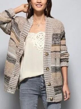Cabi | Tan/Beige/Grey/Black Stripe Boyfriend Cardigan Sweater #4471 Sz Medium